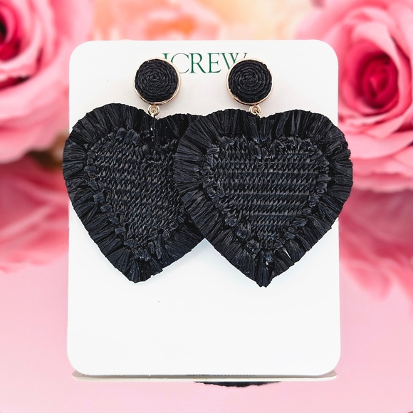 J. Crew Earrings Black Oversized heart Raffia Earrings Basketweave Bohemian - Picture 1 of 2